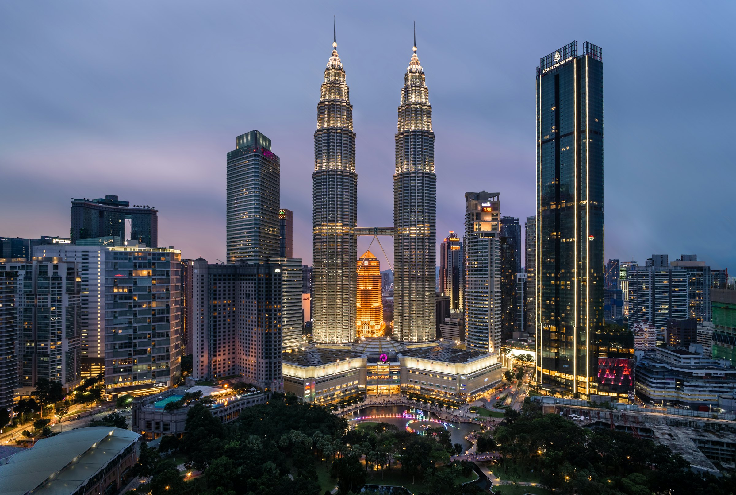 The Kuala Lumpur skyline and Petronas Towers in the evening